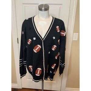 Queen of Sparkles Black Knitted Football Sequin Cardigan Sweater, Size XL